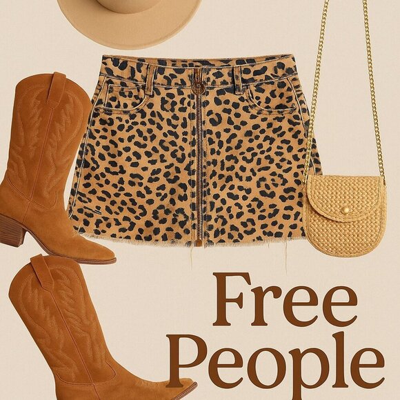 Free People Leopard Denim Mini Skirt Zip Up Western Cowgirl Size 28 - Picture 1 of 6